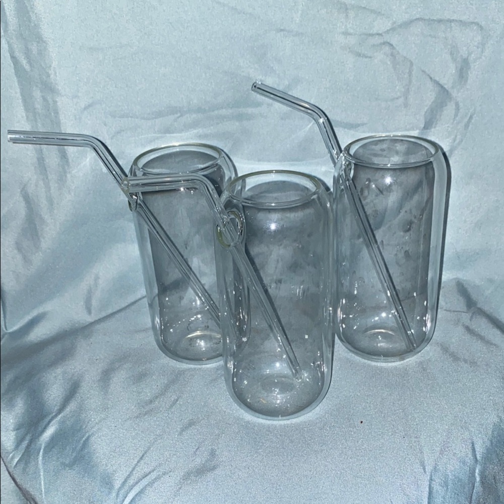 BX48 Vintage set of 3Clear Glass Drinking Set with Glass Straws